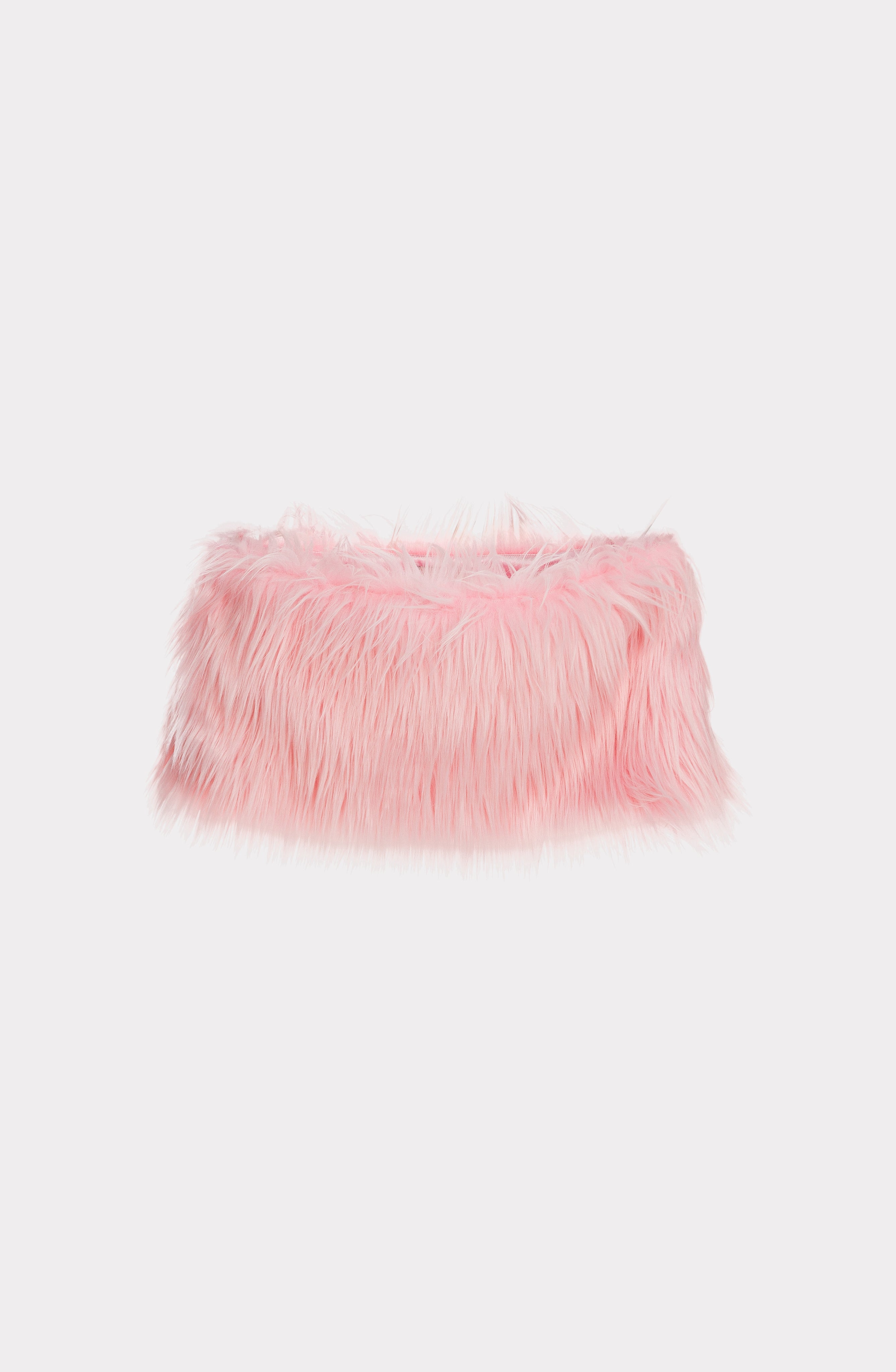 COME ON Pink Faux Fur Mini Skirt, front view on a grey background