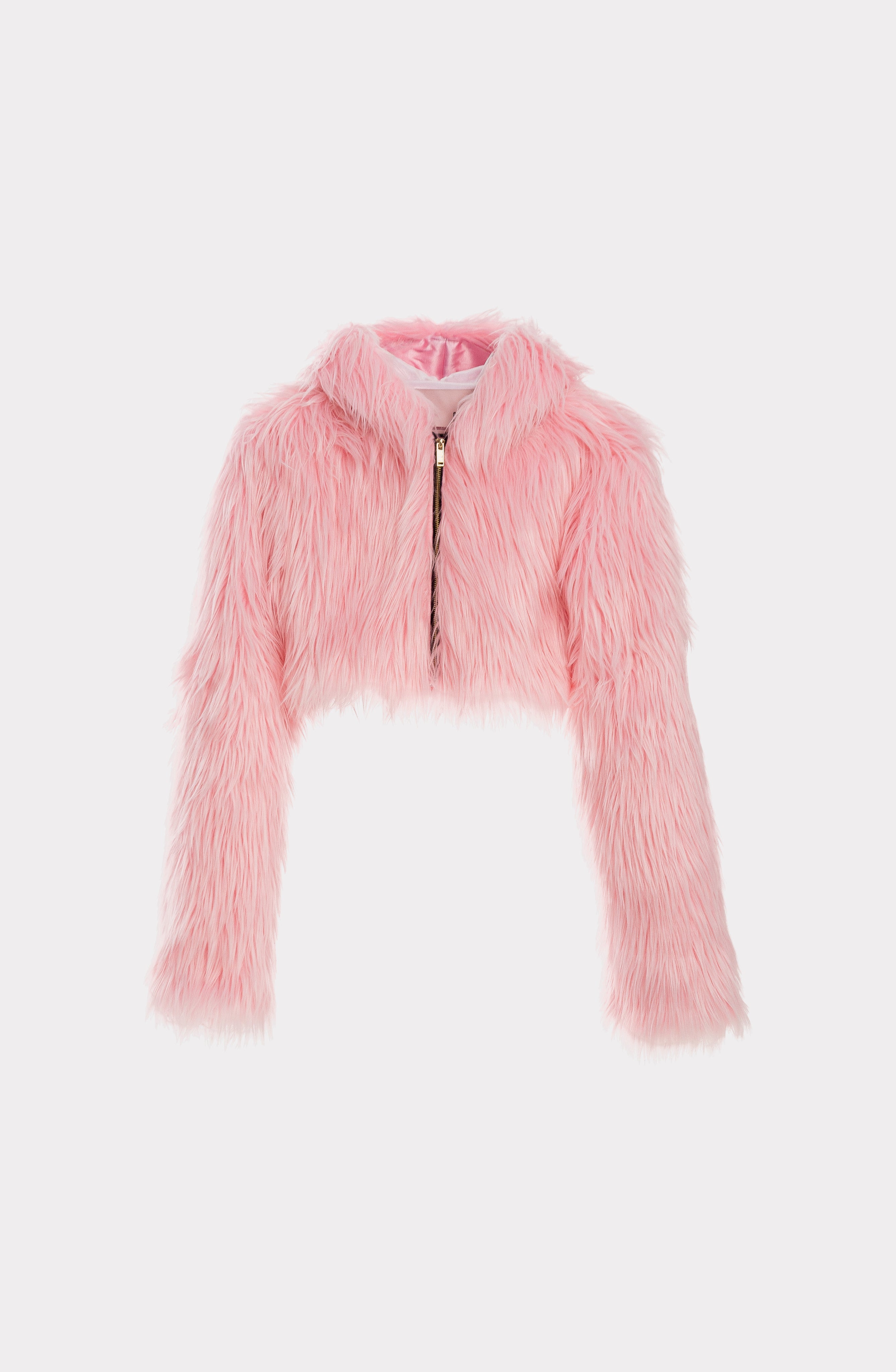 COME ON Pink Cropped Faux Fur Hooded Jacket, front view on a grey background